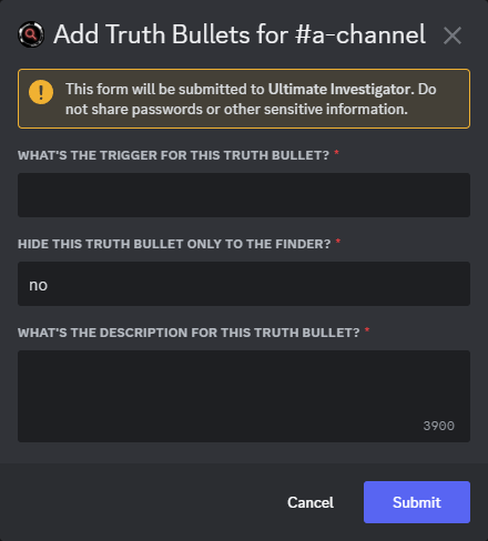 The pop-up that appears while adding Truth Bullets.