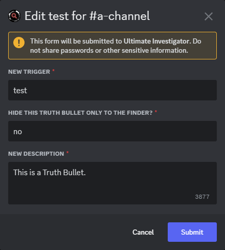 The pop-up that appears while editing Truth Bullets.
